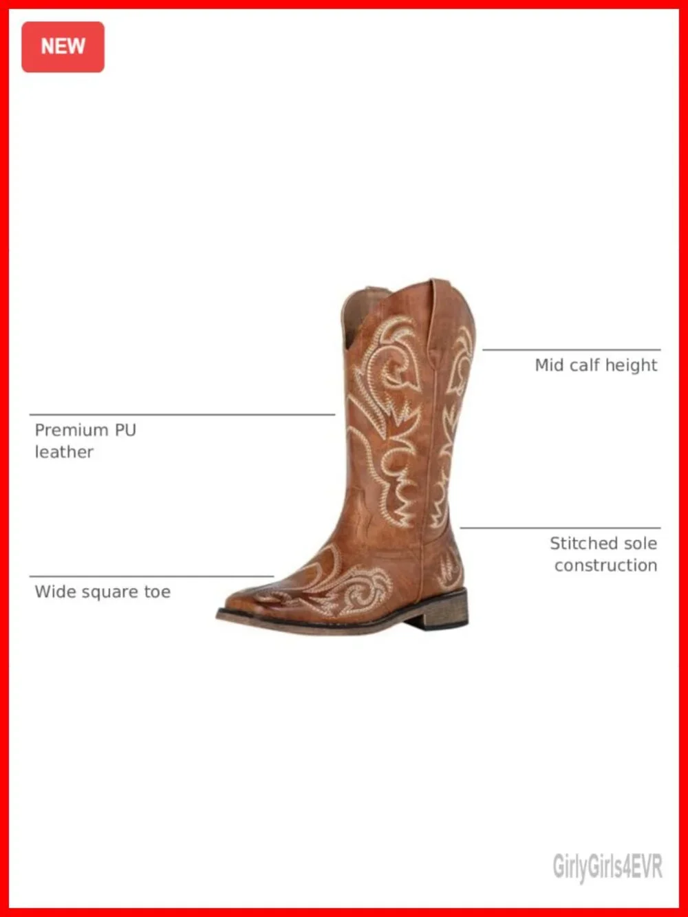 Cowgirl Boots Square Toe Western Mid Calf PU Leather
